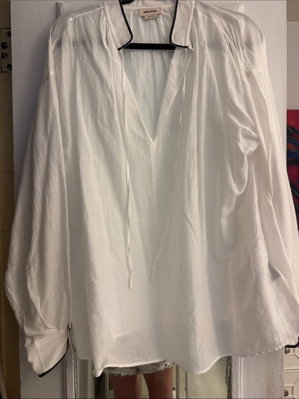 White V-Neck Tunic with Black Piping